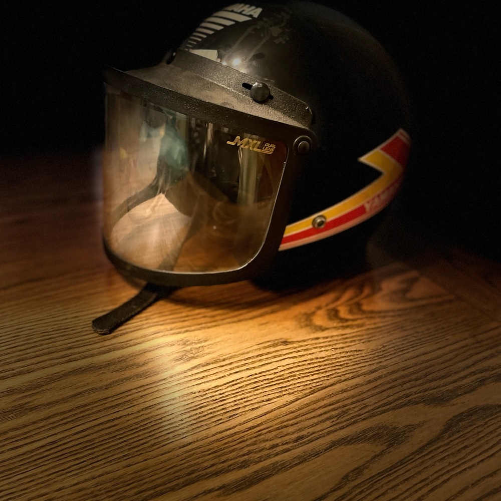 Yamaha Black Motorcycle Helmet with Red and Yellow Stripes, Vintage Used